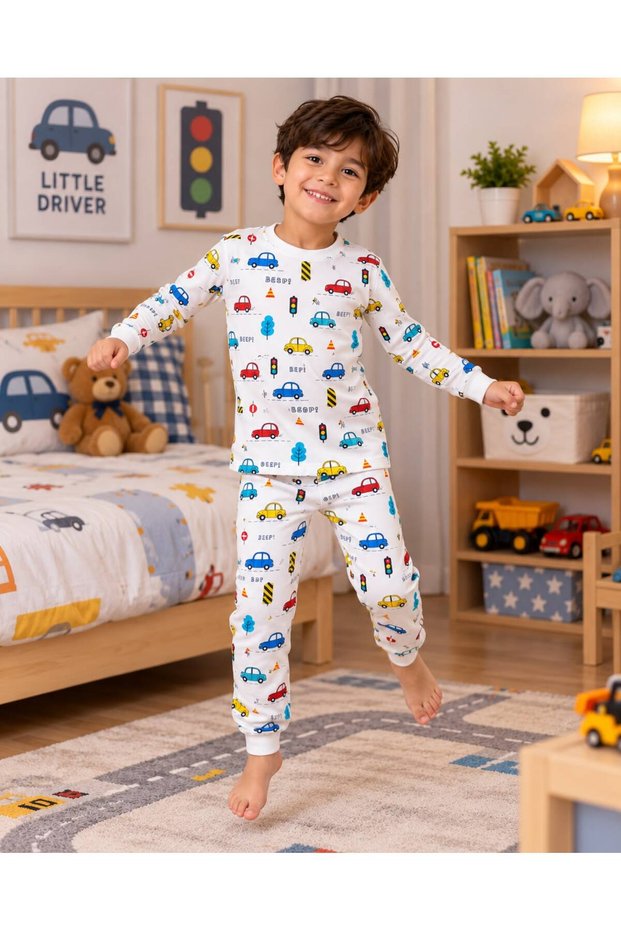 Car Patterned Cream Color Boys' Long Sleeve Cotton Top and Bottom Pajama Set