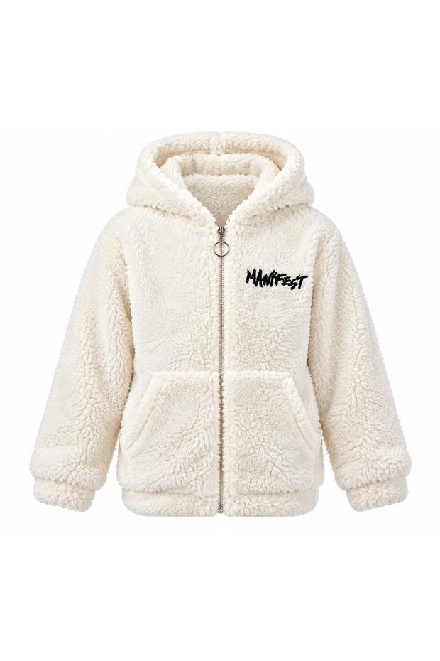 Girls Boys Plush Cardigan Hooded Zipper Pocket Winter Jacket 8-13 Years Old Manifest White