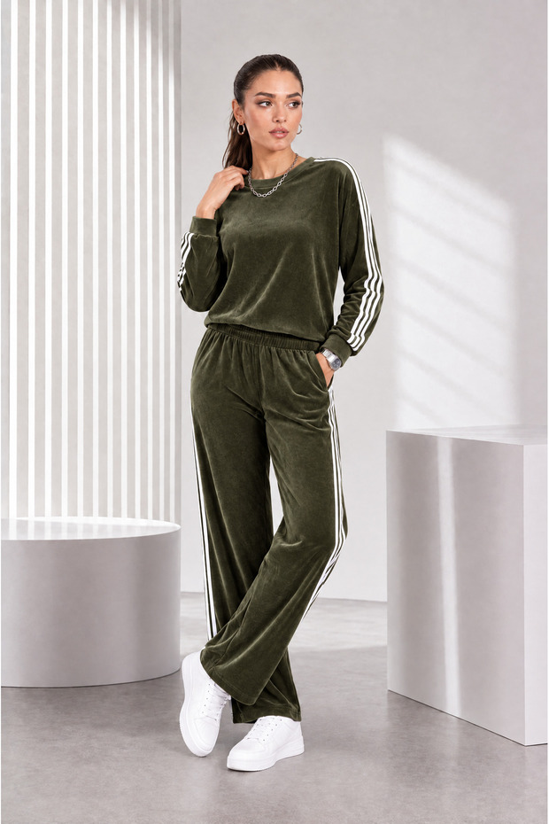 Women's Velvet White Stripe Detailed Long Sleeve Top and Wide Leg Pants Bottom Top Set
