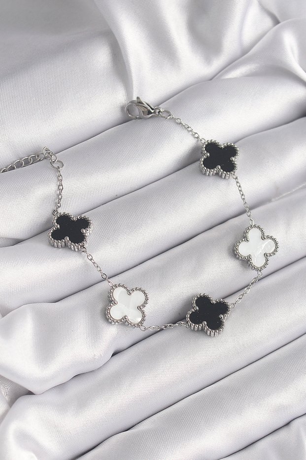 Silver Steel Black White Clover Women's Bracelet for Elegant Wrists