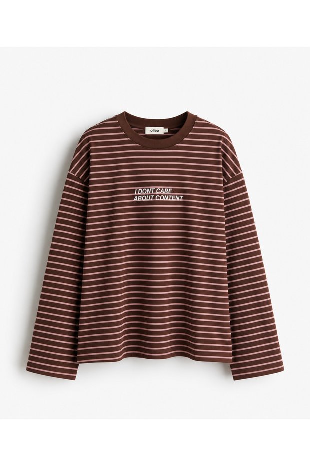 Women's Pink-Brown Striped Oversize Crew Neck Long Sleeve Tshirt with Embroidery on the Front