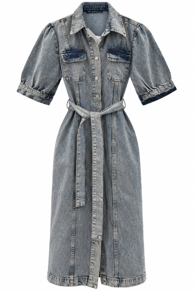 Midi Length Belted Denim Dress