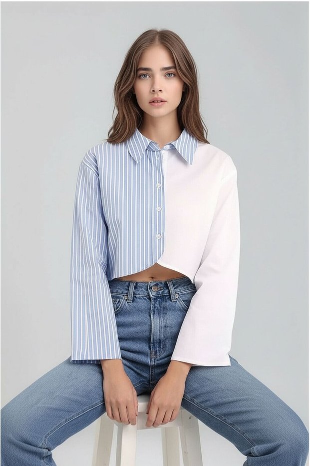 Women's Special Design Asymmetric Cut Buttoned Striped Paneled Cropped Shirt