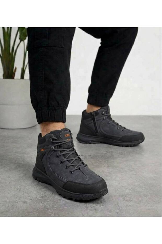 Men's Black Lace-Up Zippered Fur Lined Water Cold Resistant Outdoor Trekking Casual Boots