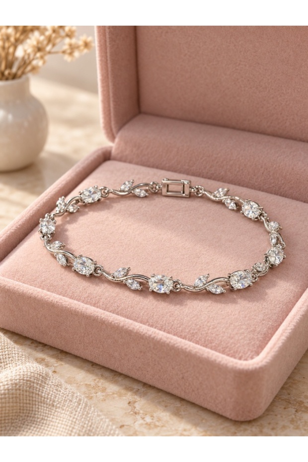 Women's Silver Color Waterway Bracelet with White Stones and Leaf Branch Pattern Bridal Evening Dress