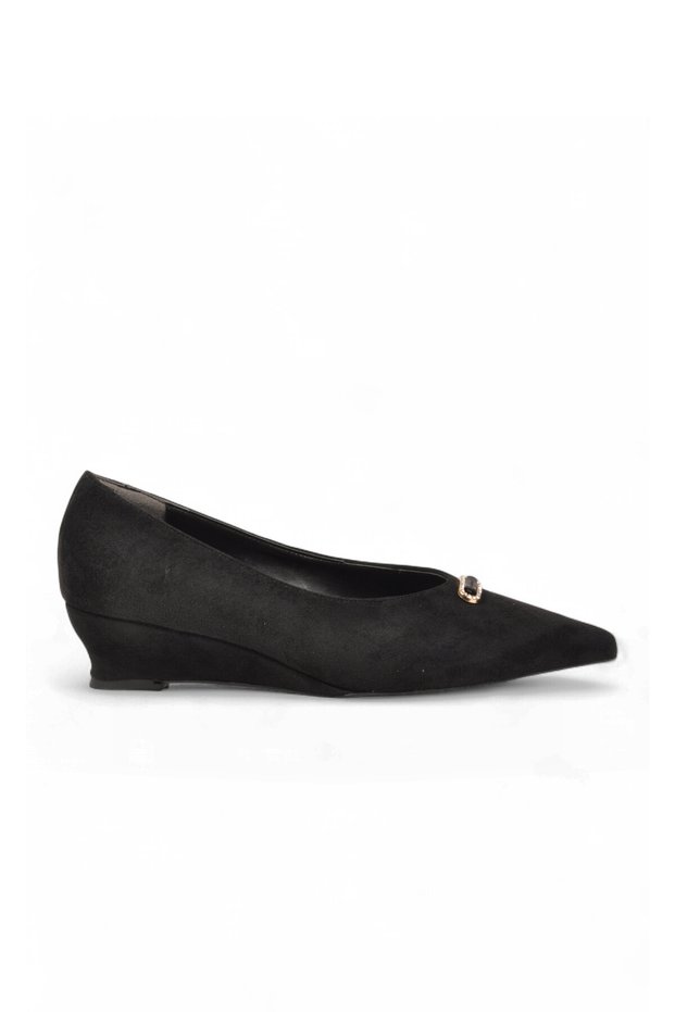 Women's Wedge Heeled Shoes Black Suede Stone Detailed Pointed Toe Stylish Women's Evening Dress Shoes 608442