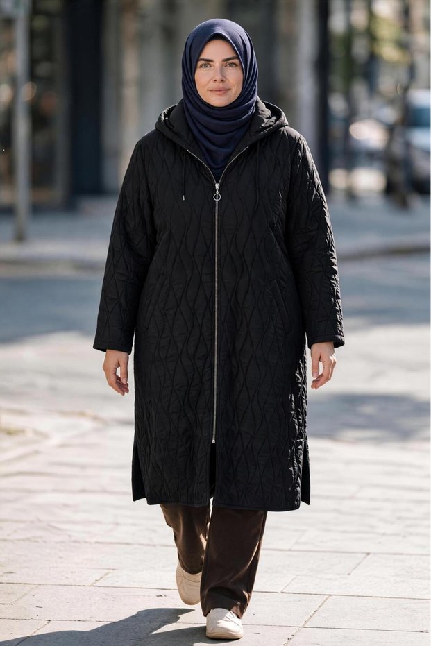Women's Hooded Oversized Quilted Patterned Seasonal Coat