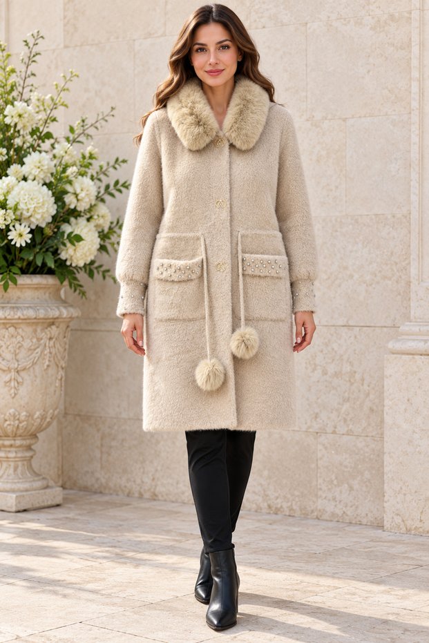 Women's Fur Cashmere Angora Fabric Hooded Long Coat 40-46