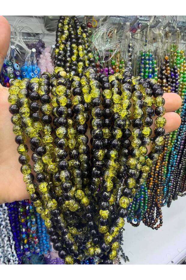 Black Yellow Cracked Effect Glass Beads 8 mm 10 Strands