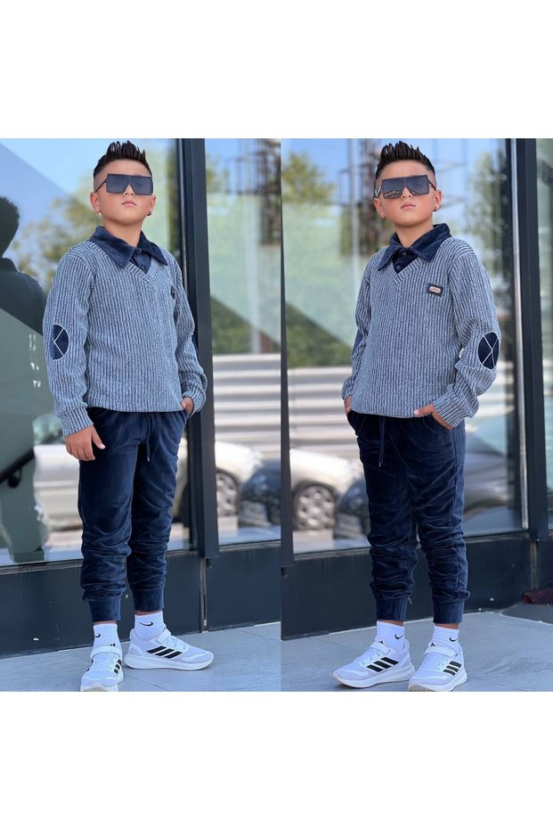 Boys' Ribbed V-Neck Collar Knit Sweater and Velvet Trousers Two-Piece Set