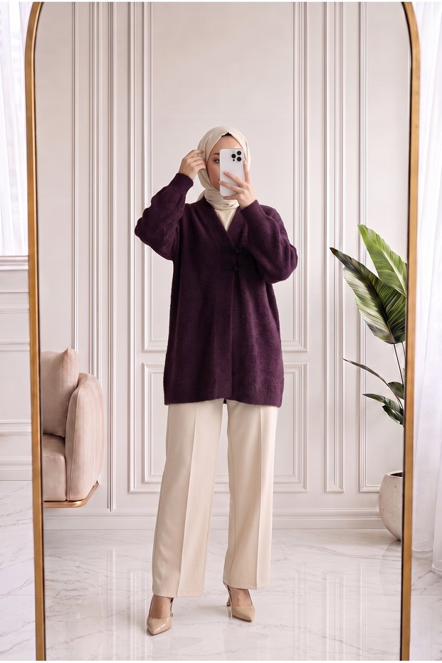 Zülnur Double Accessory Detailed Soft Cardigan-Kr6033 Plum