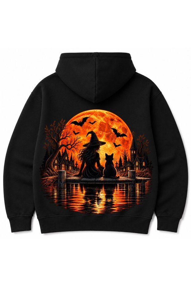 Moonlit Witch & Cat – Halloween Blood Moon Gothic Fantasy Back Print Graphic Hoodie