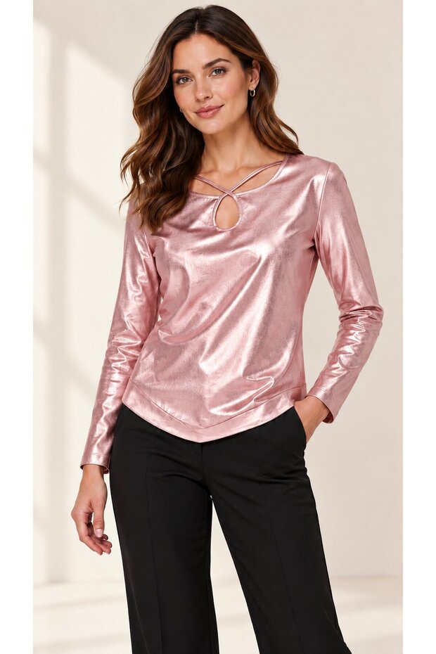 Women's Asymmetrical Window Collar Long Sleeve Sporty Stylish Shiny Fabric Design Blouse