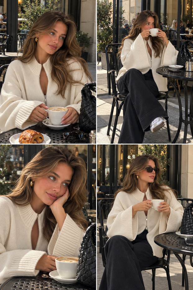 Women's Double Zipper Oversize Wide Sleeve Stand Collar Knitwear Cardigan