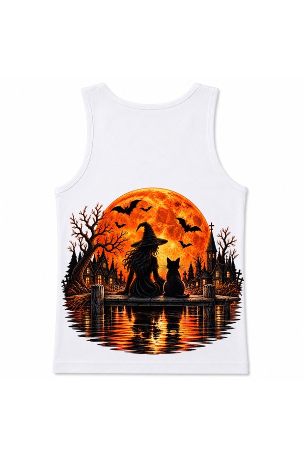 Moonlit Witch & Cat – Halloween Blood Moon Gothic Back Print Graphic Tank Top