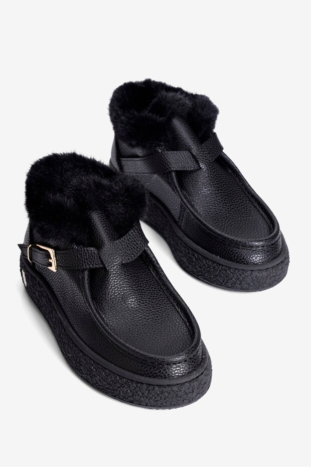 Women's Boots with Fur, Gold Buckle, Thick Sole, Miska Black