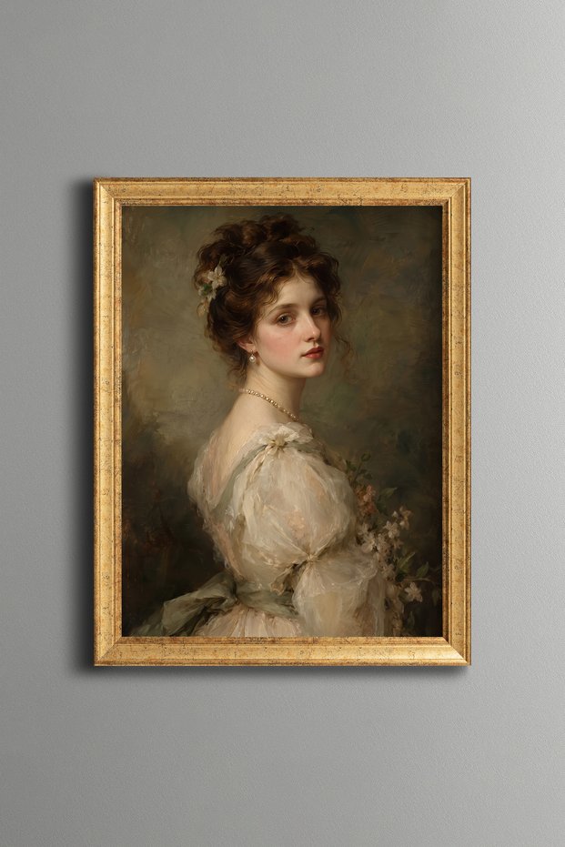 Portrait of Woman with Pearl Necklace - Vintage Patterned Painting - Slim Model