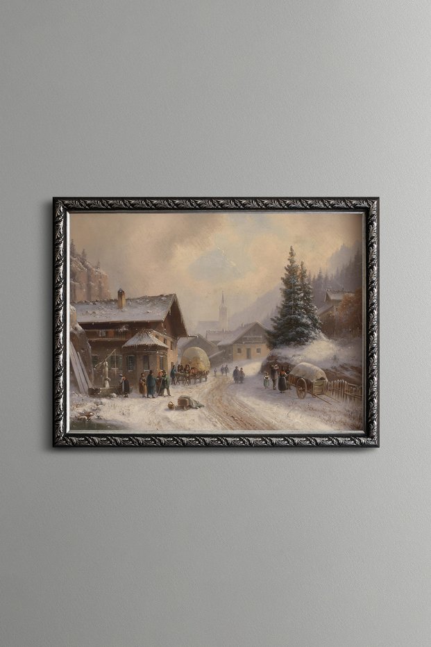 Village Street in Winter - Vintage Patterned Painting - Fine Model