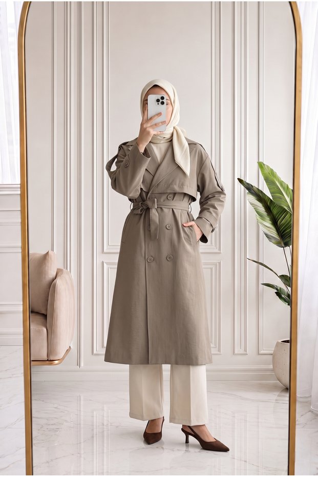 Baharşah Bolero Belted Buttoned Long Trench Coat-Qa1020 Mink