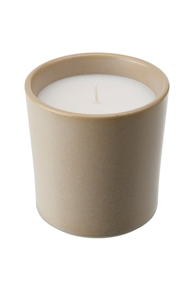 JÄMLIK Scented candle in ceramic jar - Vanilla/light beige 50 hr
