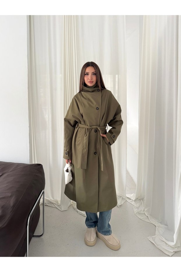 Women's Stand Collar Belted Waist Tie Buttoned Oversize Seasonal Long Trench Coat