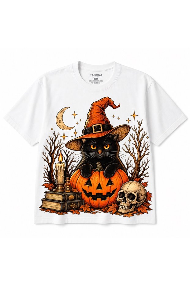 Black Cat with Witch Hat – Pumpkin and Halloween T-Shirt