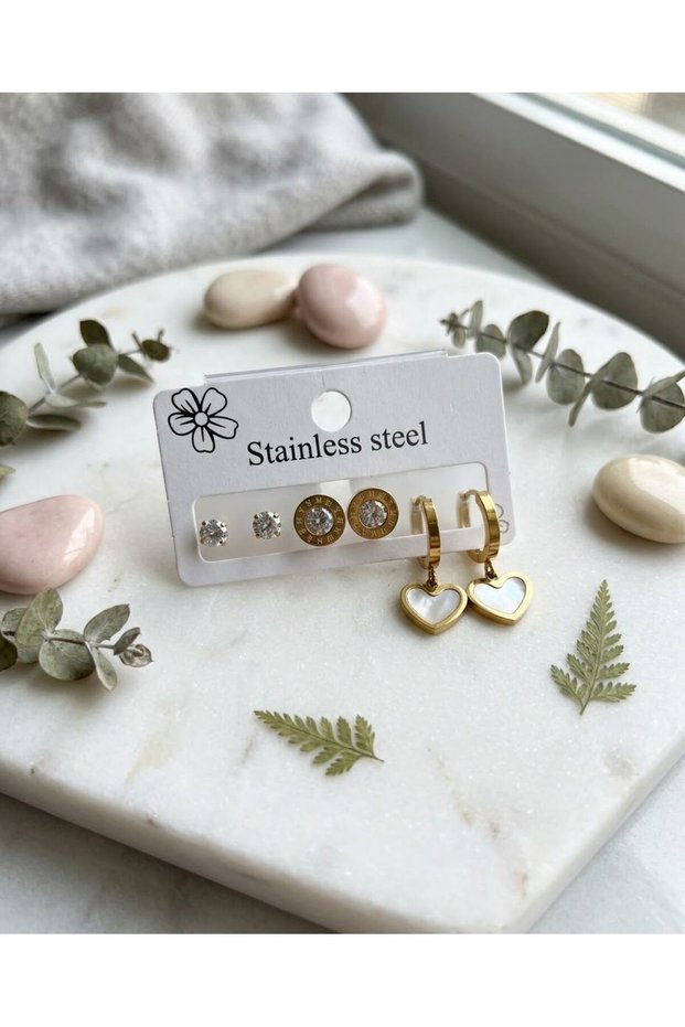 6-Piece Single Stone Heart Detailed Steel Set Earrings