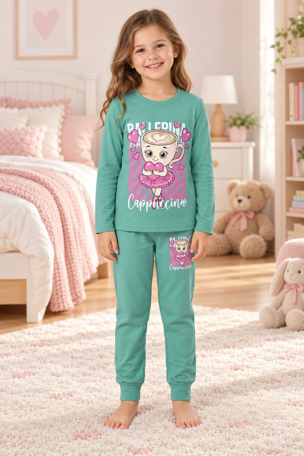 Girl's Pajama Set, 100% Cotton, Long Sleeve, 30/1 Combed Cotton Single Jersey, Green