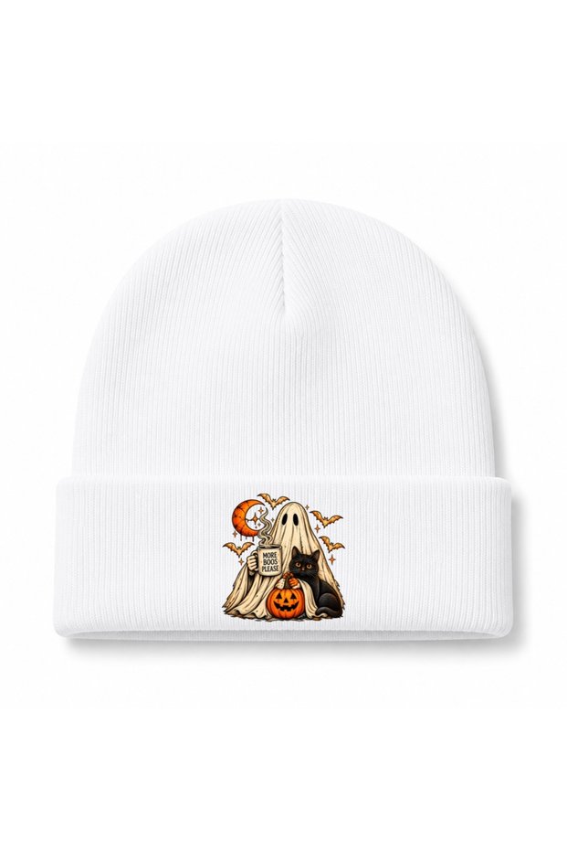 A Little More Ghost Please – Black Cat and Pumpkin Halloween Beanie