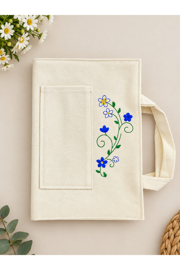 Water Repellent Special Embroidered Book Cover Bag (17X24 cm) - Cream Fabric Book Protector with Pockets and Handle