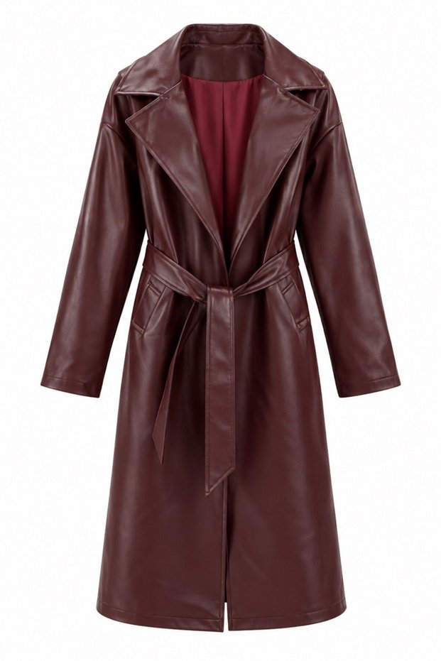 New Season Women's Premium Belted Leather Trench Coat