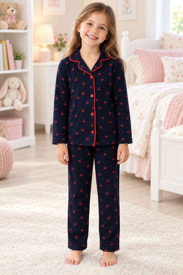 Girl's Pajama Set, 100% Cotton, 30/1 Combed Single Jersey, Front Buttoned, Long Sleeve, Dark Navy Blue & Red Piping