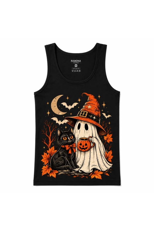 Boo & Brew – Halloween Ghost and Black Cat Vintage Graphic Cotton Tank Top