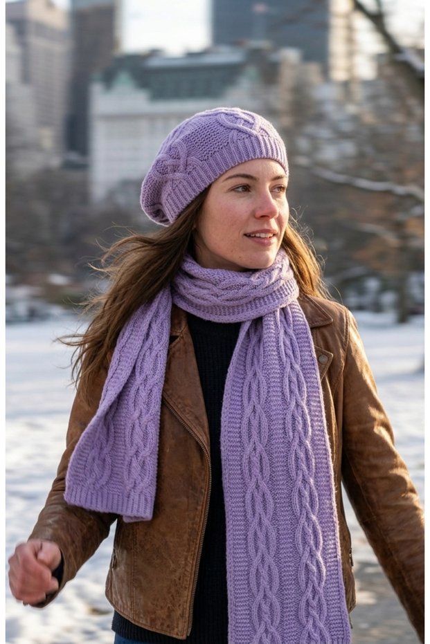 Women's Resam Beret Scarf Set of 2 Knitted Patterned Soft Textured Winter Wear
