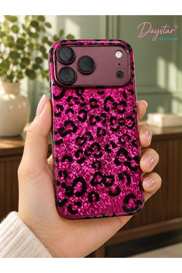 Crystal Pink Leopard Pattern Hologram Phone Case Compatible with iPhone 18 Pro