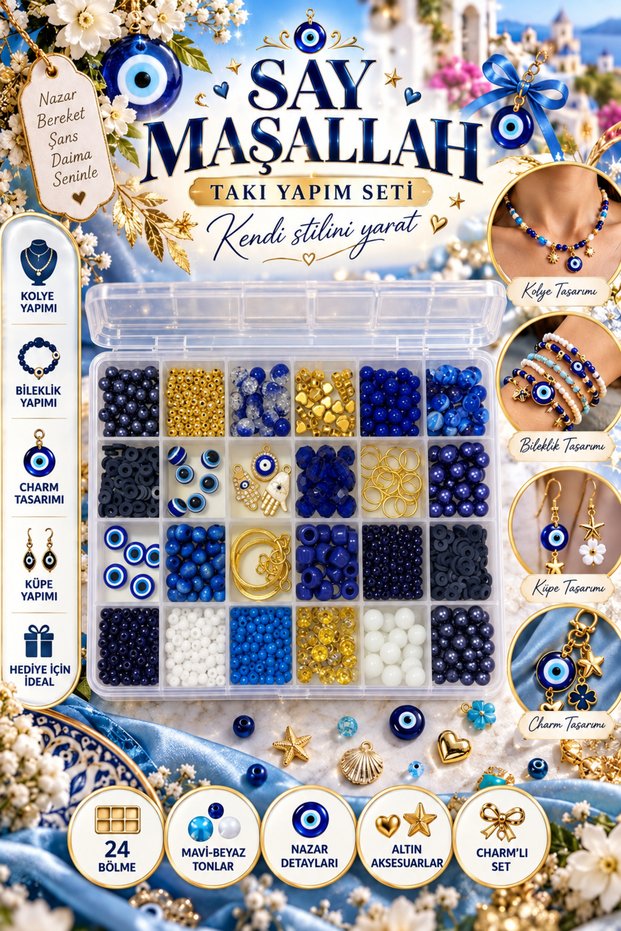 Say Mashallah 24-Compartment Evil Eye Beaded Jewelry Making Set – Evil Eye Charm, Blue and White Beads, and Gold Color Figured Pendants for Necklace, Bracelet, and Earring Design Kit 🧿 💙 ✨
