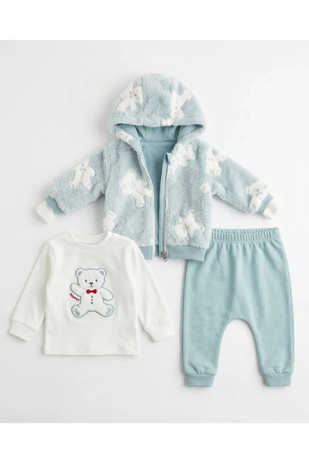 3-Piece Teddy Bear Embroidered Baby Boy Set Welsoft Plush 100% Cotton Printed Bodysuit 0-3 Months 3-6 Months 6-9 9-12 Months Newborn Baby Set Jacket+Pants+Body 100% Cotton Winter Baby 3-Piece Set
