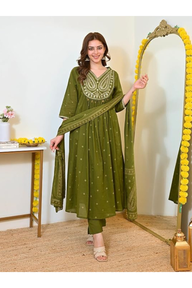 Olive Green Embroidered Anarkali Suit Set - ALV2225 | Olive Green-Size:L-40-Inches