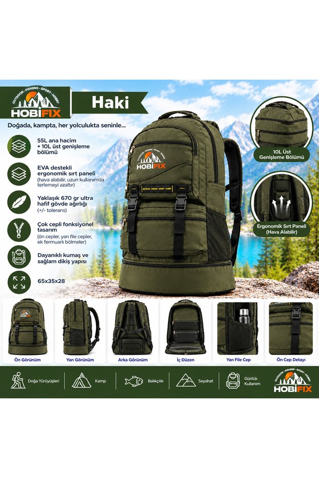 55+10 Liter Expandable Camping and Trekking Backpack, with Ergonomic Eva Back Panel, Multi-Pocket Travel Bag