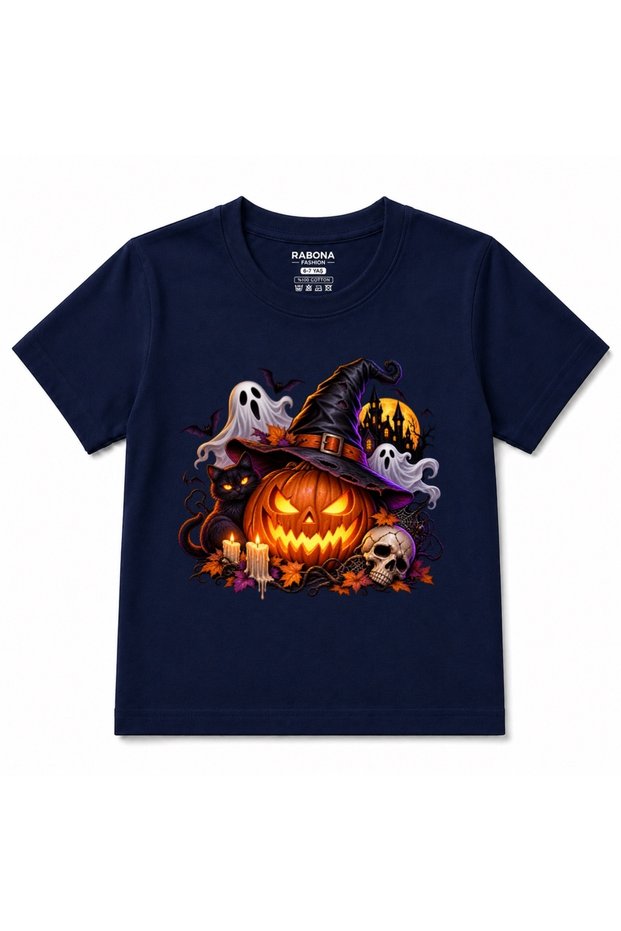 Haunted Pumpkin Night - Cute Halloween Black Cat, Ghost & Witch Hat Kids Graphic T-Shirt