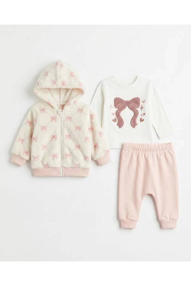 3-Piece Bowknot Embroidered Baby Girl Set Welsoft Fleece 100% Cotton Fabric 3-6 Months 6-9 Months 9-12 Months 12-18 Months Baby Set Hooded Cardigan+Body+Pajamas Newborn Baby Set 100% Cotton Winter Baby 3-Piece Set