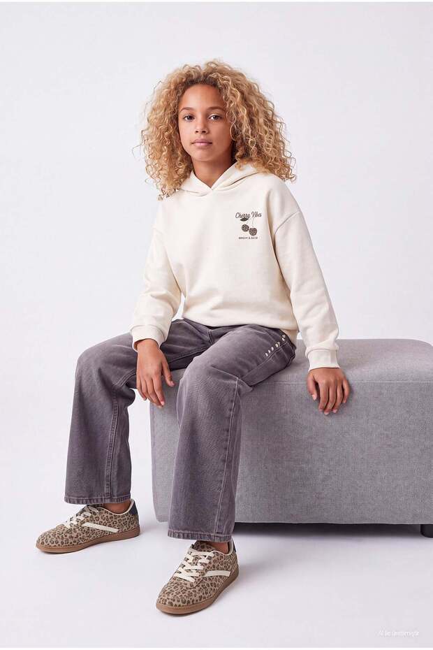 Girl's Wide-Leg Jeans with Staple Detail