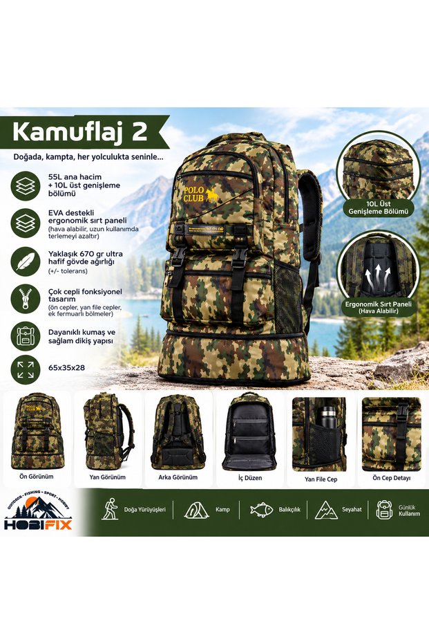 55+10 Liter Expandable Camping and Trekking Backpack, with Ergonomic Eva Back Panel, Multi-Pocket Travel Bag