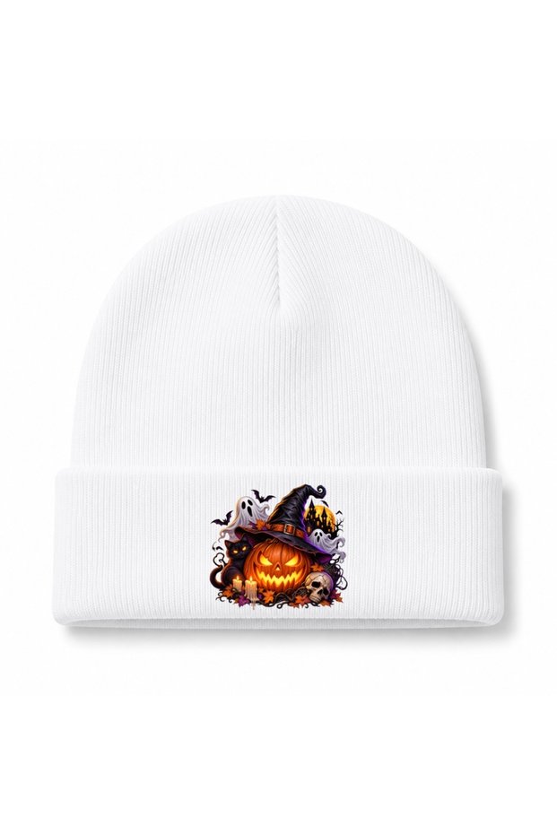 Haunted Pumpkin Night – Halloween Black Cat, Ghost & Witch Hat Graphic Beanie
