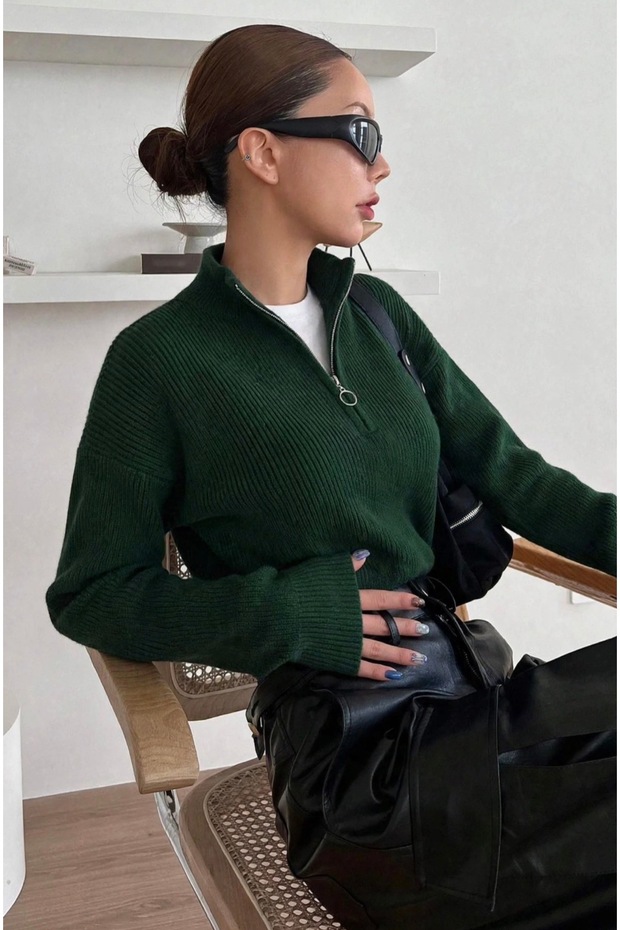Emerald Green Regular Half Fisherman Collar Plain Knitwear Sweater