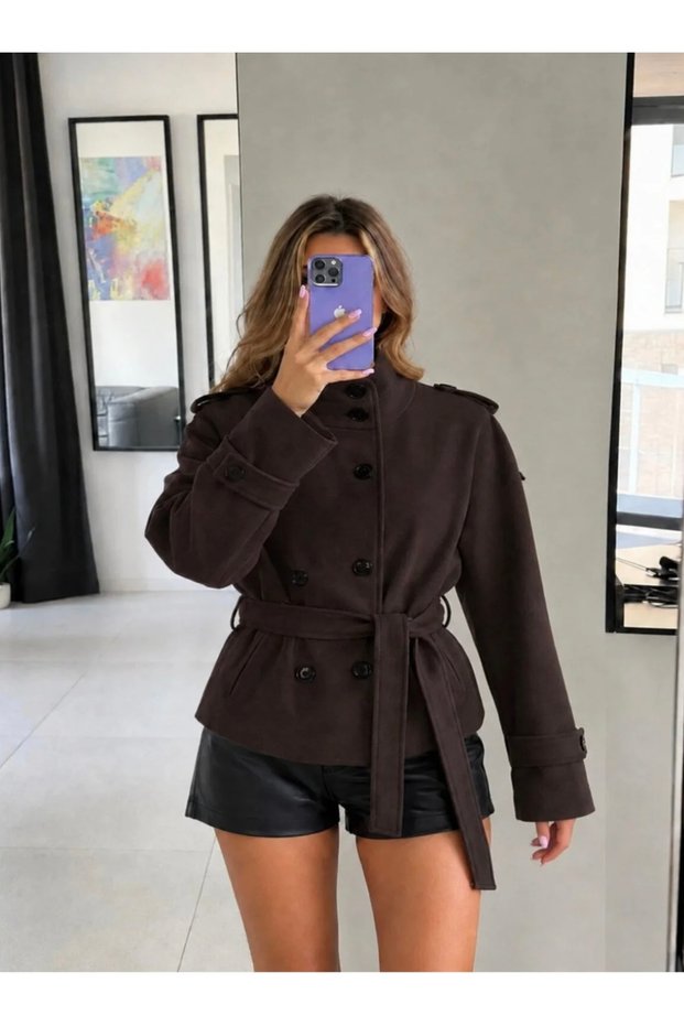 Brown Cashmere Stand Collar Buttoned Jacket