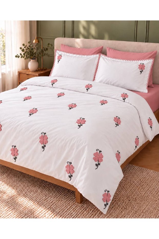 Fortuna Yonca Punch Embroidered 100% Cotton Double Duvet Cover Set 6 Pieces