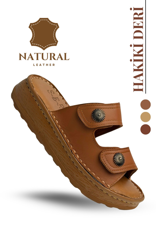Genuine Leather Women's Slippers - Soft Thick Soled Genuine Leather Double Velcro Women's Slippers Tan