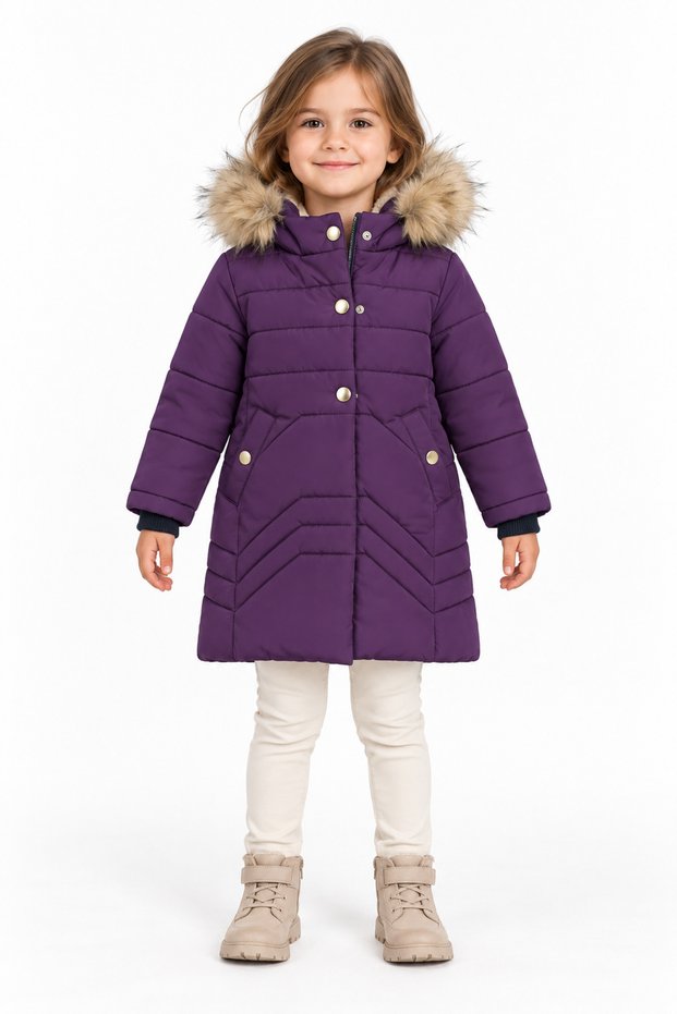 77010-26 Girl's Hooded Fur Coat with Plush Lining and Quilted Design, Ages 2-5