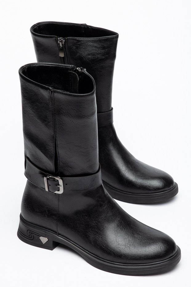 Women's Boots Black Without Laces Side Buckle Belted Thermo Sole